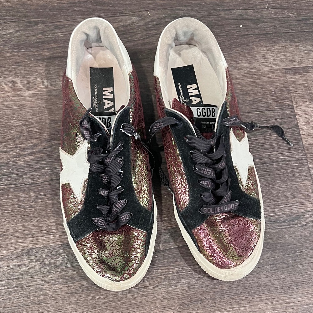 Golden Goose Crackle Iridescent Black Suede Trim May Sneaker Size 40